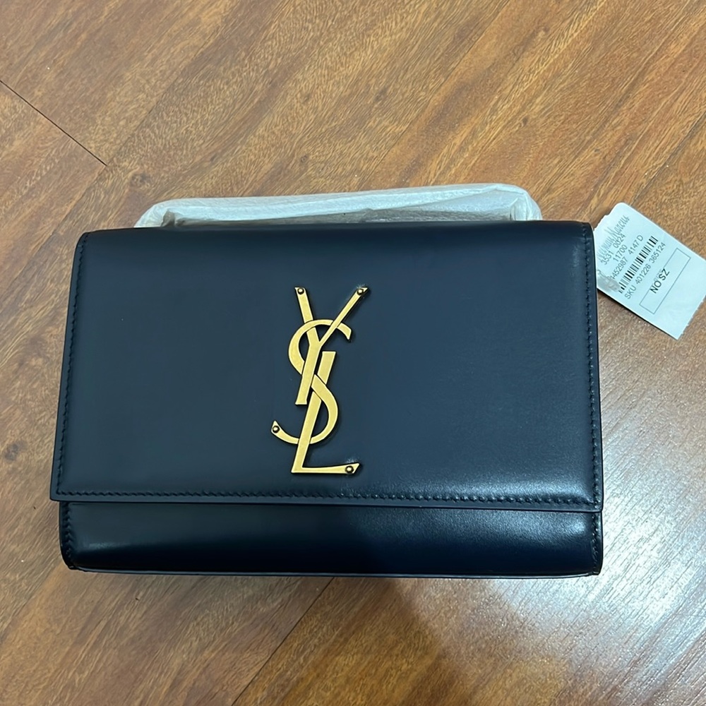 New YSL Yves Saint Laurent Kate Flap Navy Leather & Gold Chain - Picture 5 of 17